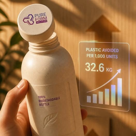 Pure Form Solution — 100% biodegradable bottle, 32.6 KG plastic avoided per 1,000 units