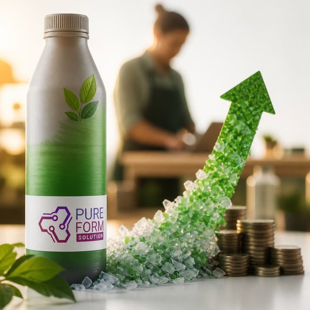 Pure Form Solution — PHA bottle with recycled plastics and green growth arrow, sustainable investment