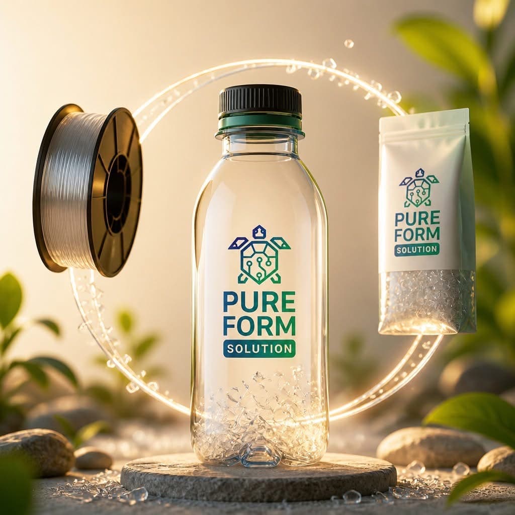 Pure Form Solution — PHA bottle, filament spool, and pellet pouch showcasing raw material to finished product