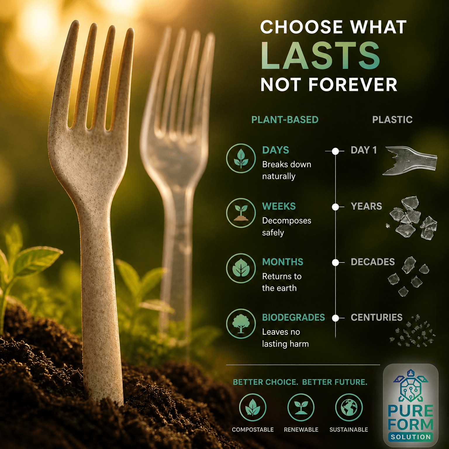 Pure Form Solution — Choose What Lasts, Not Forever: plant-based fork breaking down in days versus plastic fork lasting centuries