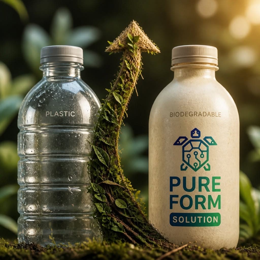 Pure Form Solution biodegradable bottle with turtle logo standing beside a conventional plastic bottle, with a growth arrow made of vines