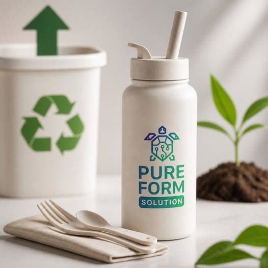 Pure Form Solution — compostable bottle with bamboo utensils and recycling bin, plant-based packaging lifestyle
