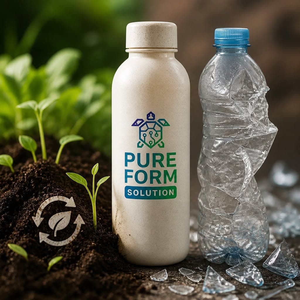 Pure Form Solution bottle growing from soil beside a crumpled conventional plastic bottle