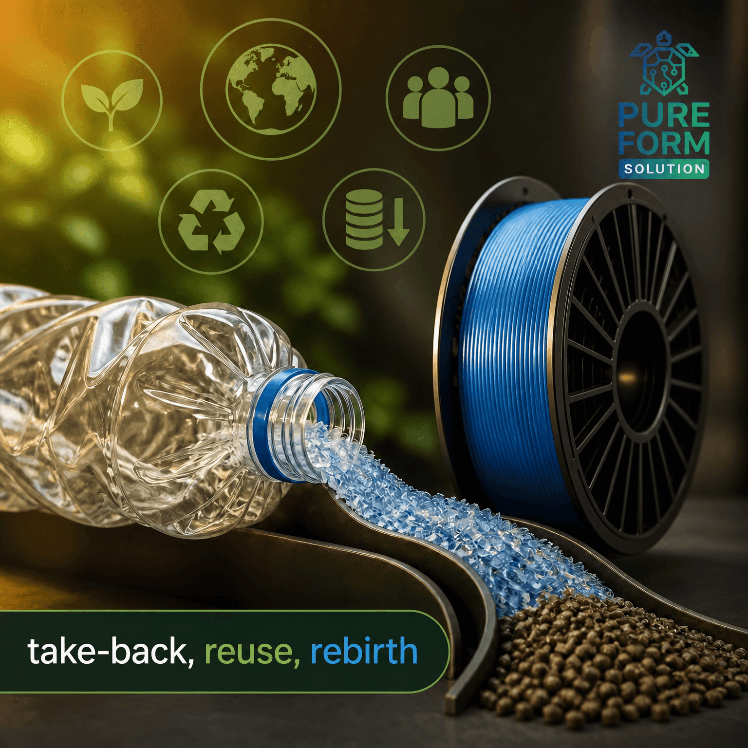 Pure Form Solution — take-back, reuse, rebirth: plastic bottle transformed into recycled filament
