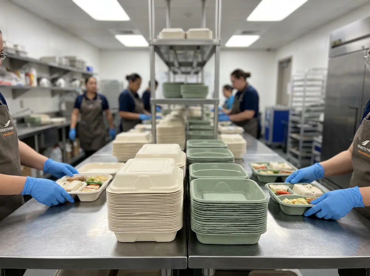 Airline catering kitchen counter stacked with compostable clamshell containers and fiber trays being assembled
