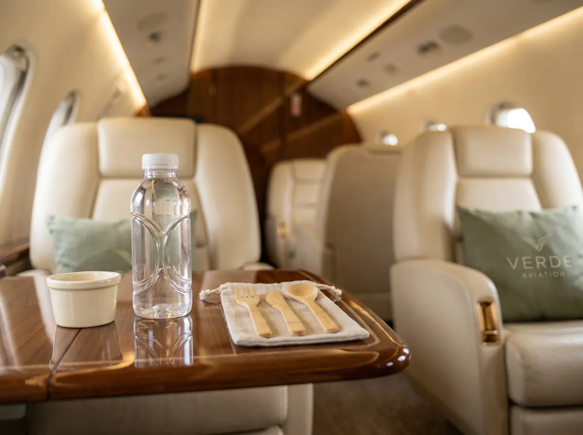 Private jet cabin side table set with a premium compostable bottle, utensils, and a condiment cup