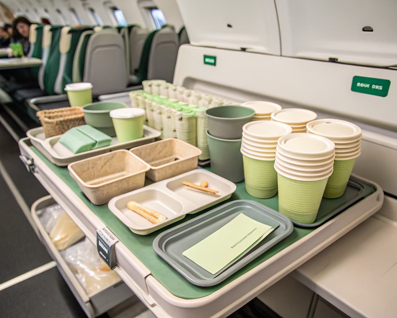 Airline galley cart loaded with compostable meal trays, cups, and cutlery for cabin service