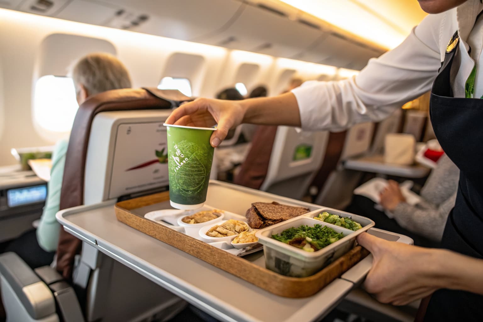 Flight attendant serving a compostable beverage cup and eco-friendly meal tray during inflight cabin service