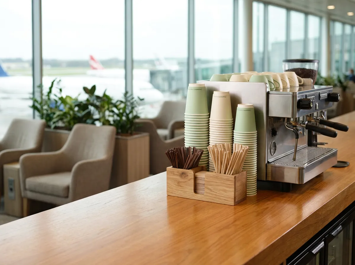 Airport lounge coffee bar counter with compostable cups, stirrers, and straws set out for guests
