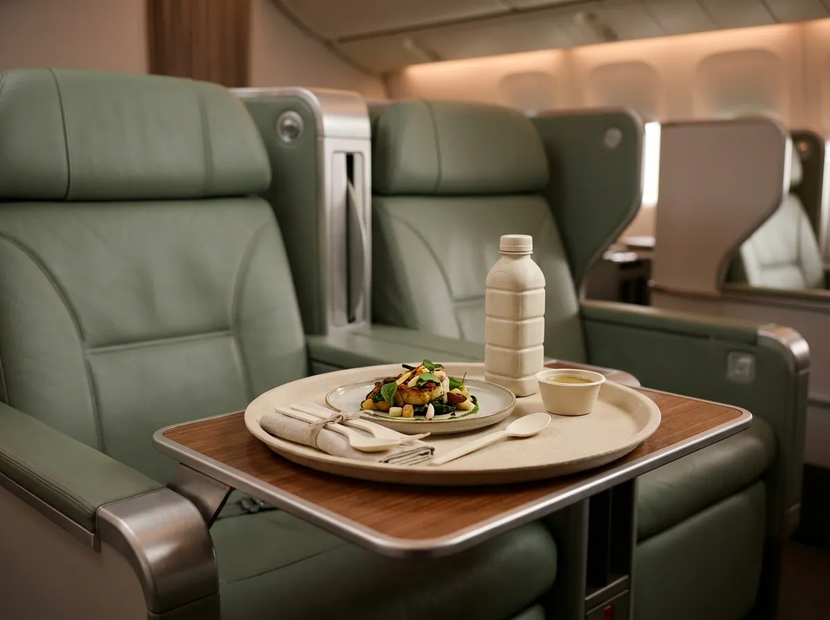 First class airplane tray table set with a sugarcane compostable bottle, plant-based utensils, and a condiment cup