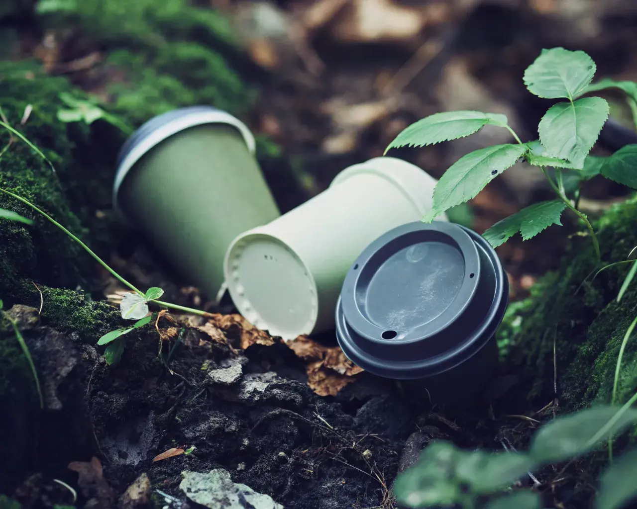 PHA biodegradable cups resting in lush green forest soil and moss showing natural biodegradation in soil and marine environments