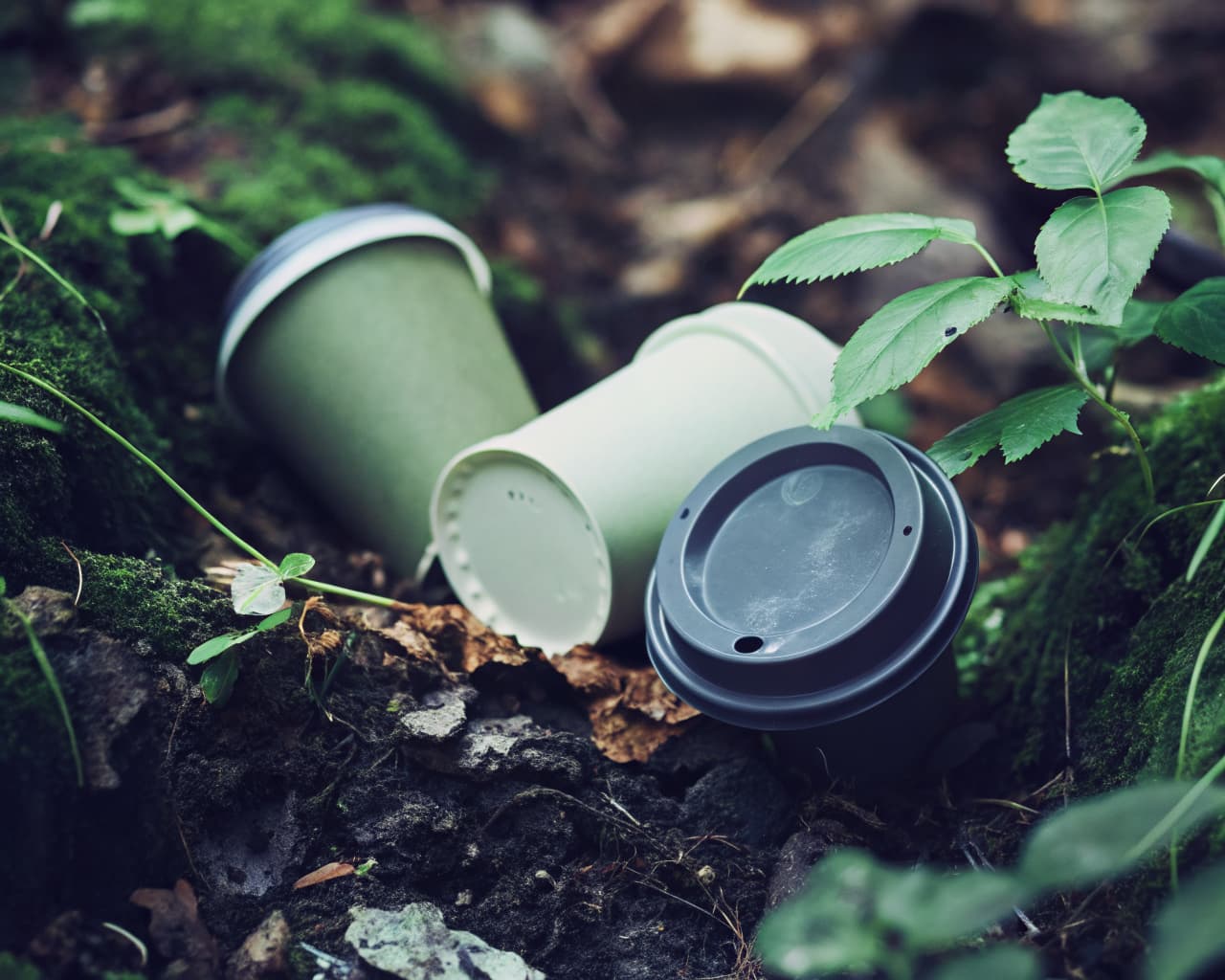 PHA biodegradable cups resting in lush green forest soil and moss showing natural biodegradation in soil and marine environments