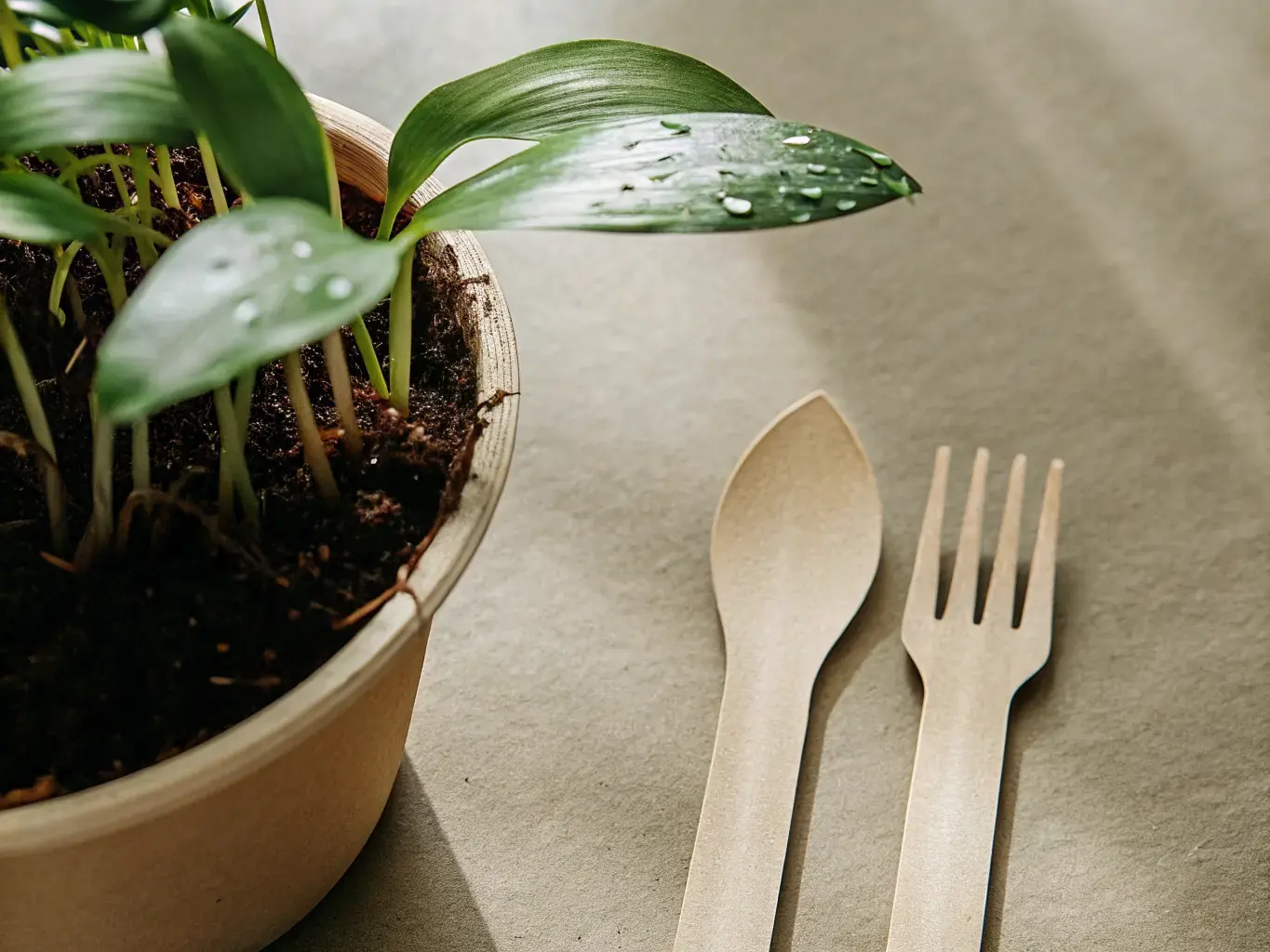 Compostable biodegradable utensils next to a living green plant — sustainability in action
