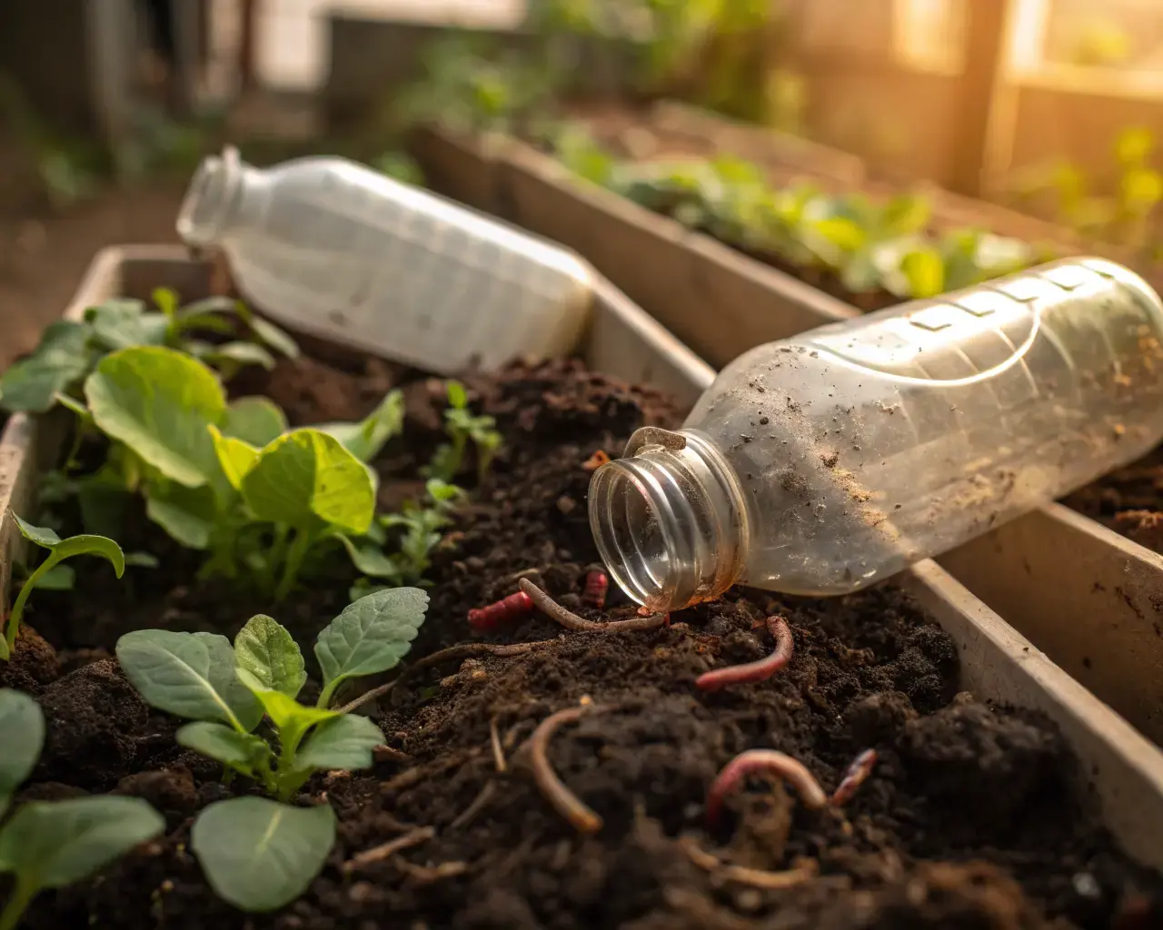 Bioplastic bottles breaking down in compost soil surrounded by seedlings — demonstrating end-of-life biodegradation