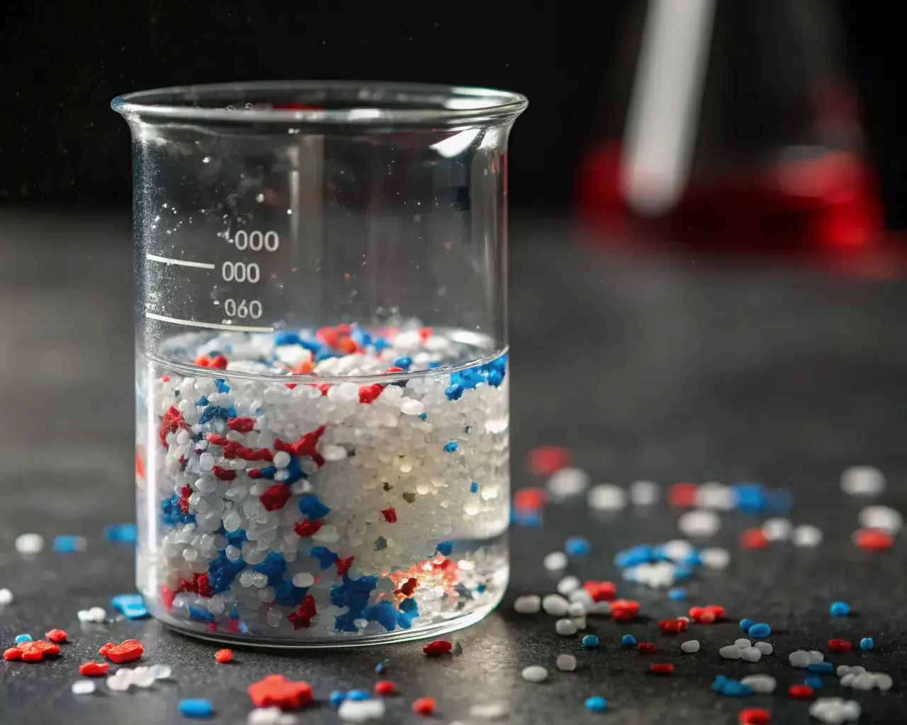 Colorful microplastic fragments in a laboratory beaker — the invisible pollution created by plastic bottle degradation
