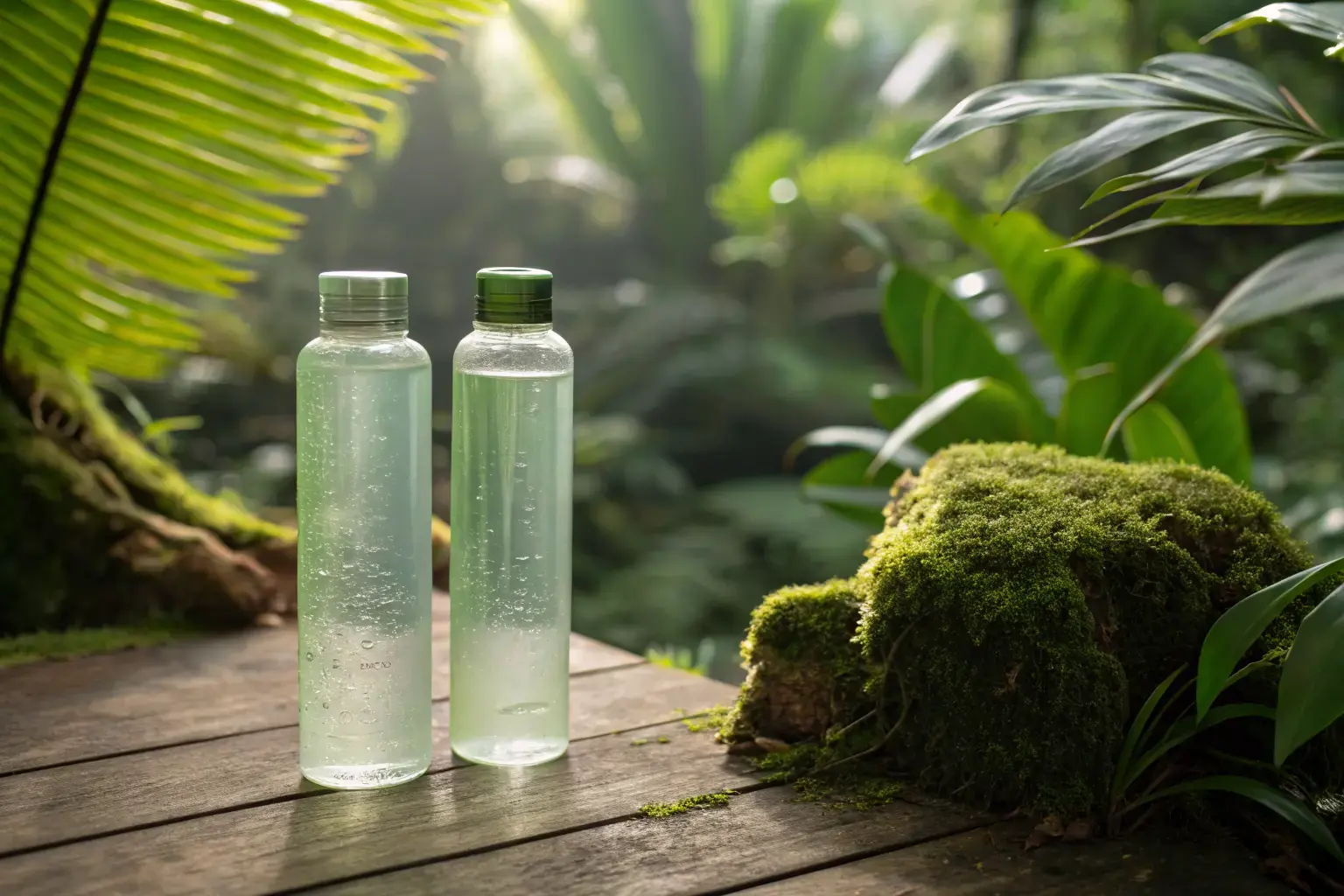 Compostable PLA and PHA bioplastic bottles in a lush green botanical setting