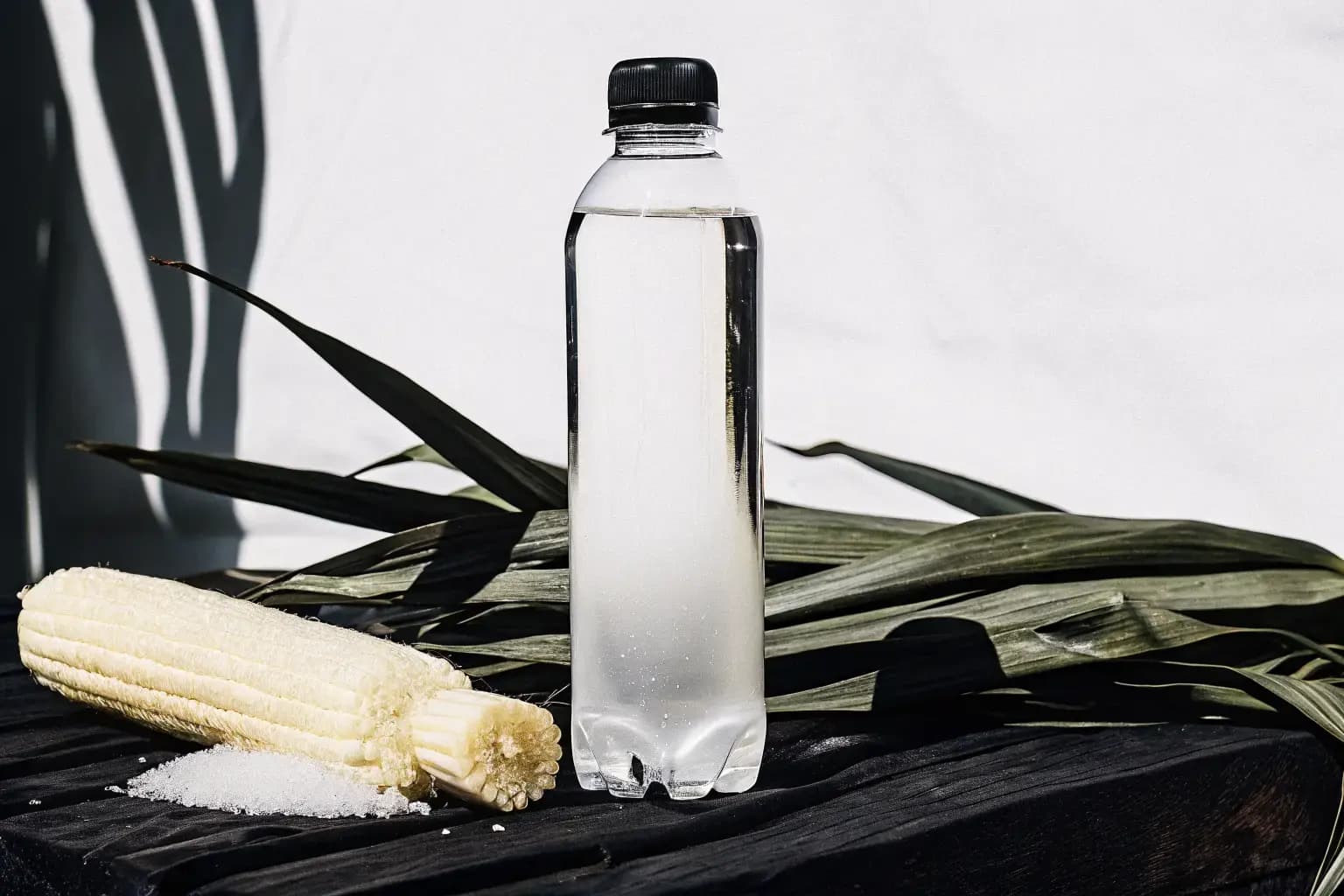 Clear PLA bioplastic water bottle with corn and sugarcane — plant-based sustainable packaging replacing single-use plastic