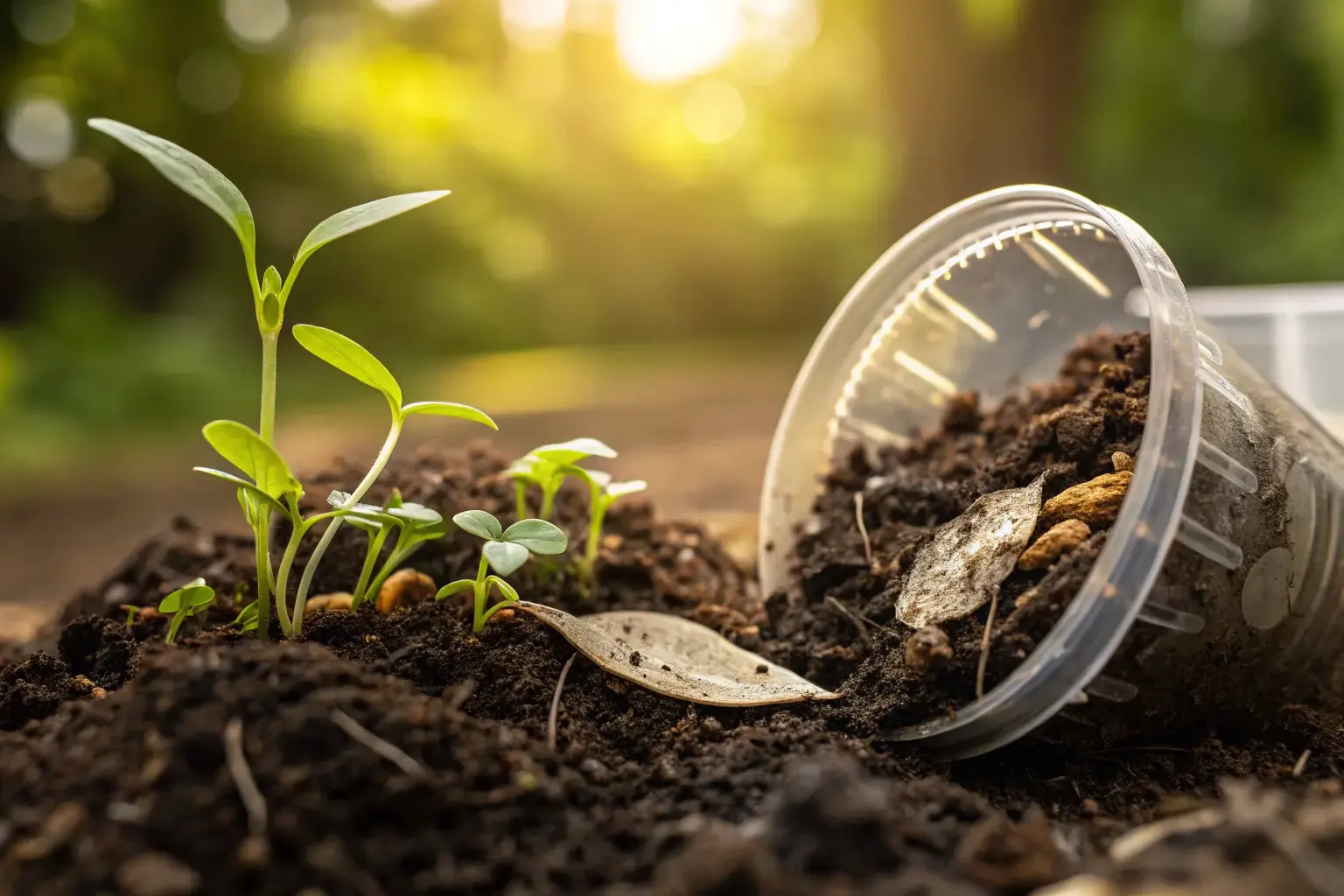 Compostable clamshell container partially buried in rich dark garden soil surrounded by seedlings and mycelium — showing the biodegradation end-of-life cycle of plant-based food packaging