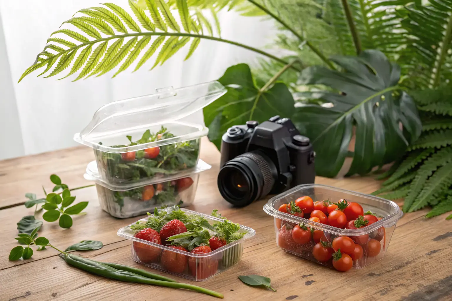 Crystal-clear PHA and PLA compostable clamshell food boxes with fresh produce on a rustic wooden table surrounded by tropical leaves