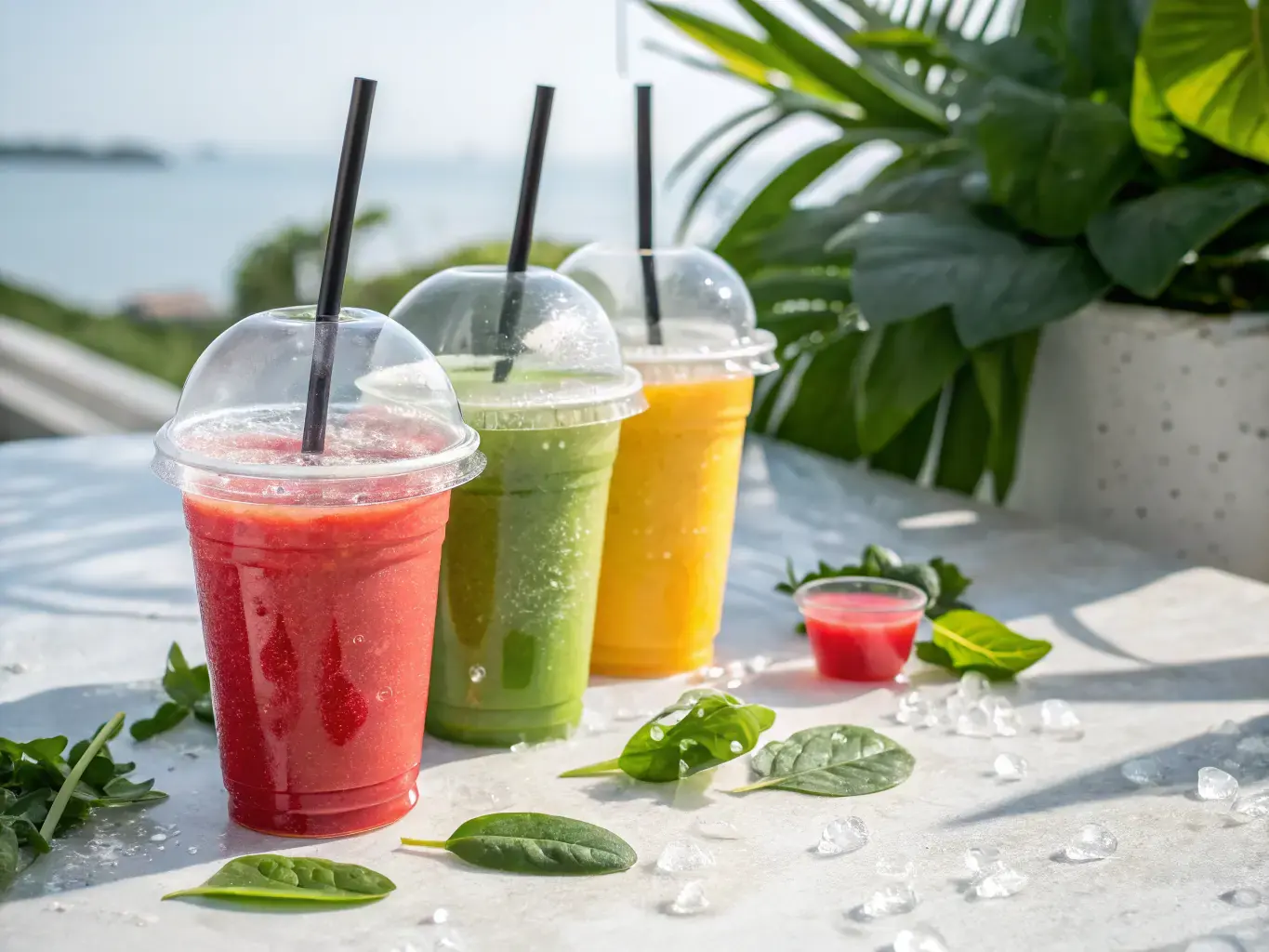 Clear biodegradable cold beverage cups with dome lids and straws filled with colorful smoothies on a white marble surface with tropical leaves
