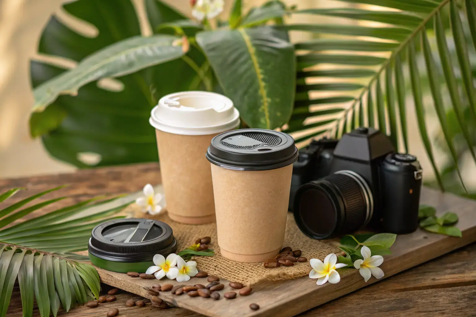 Compostable PHA and PLA biodegradable cups with lids surrounded by tropical greenery on a wooden surface