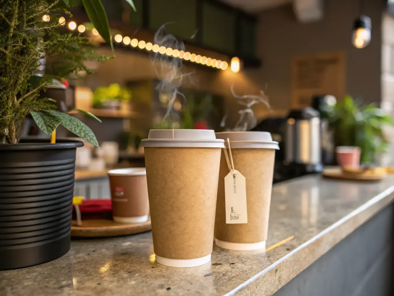 Biodegradable compostable hot beverage cups with flat lids steaming on a café counter — PHA and PLA plant-based alternatives to plastic cups