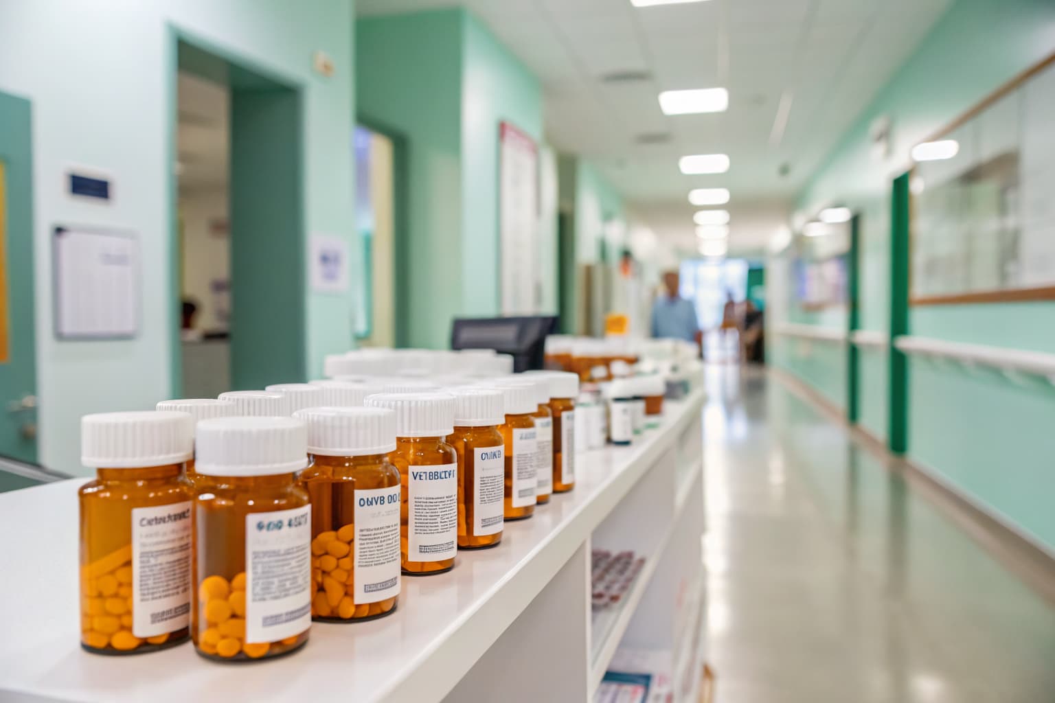 Hospital pharmacy counter stocked with compostable PHA pill bottles — sustainable healthcare packaging by Pure Form Solution