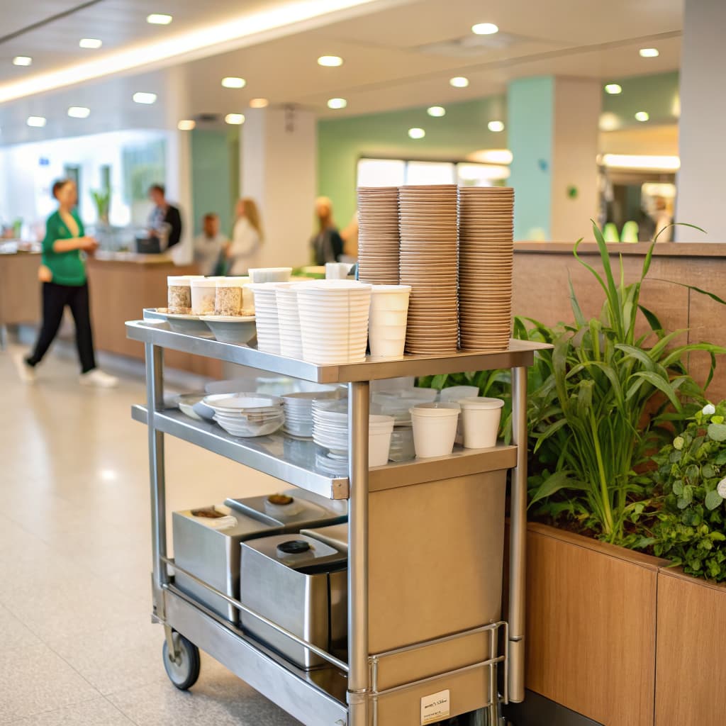 Hospital nutrition cart with compostable cups, lids, and utensils ready for patient meal service