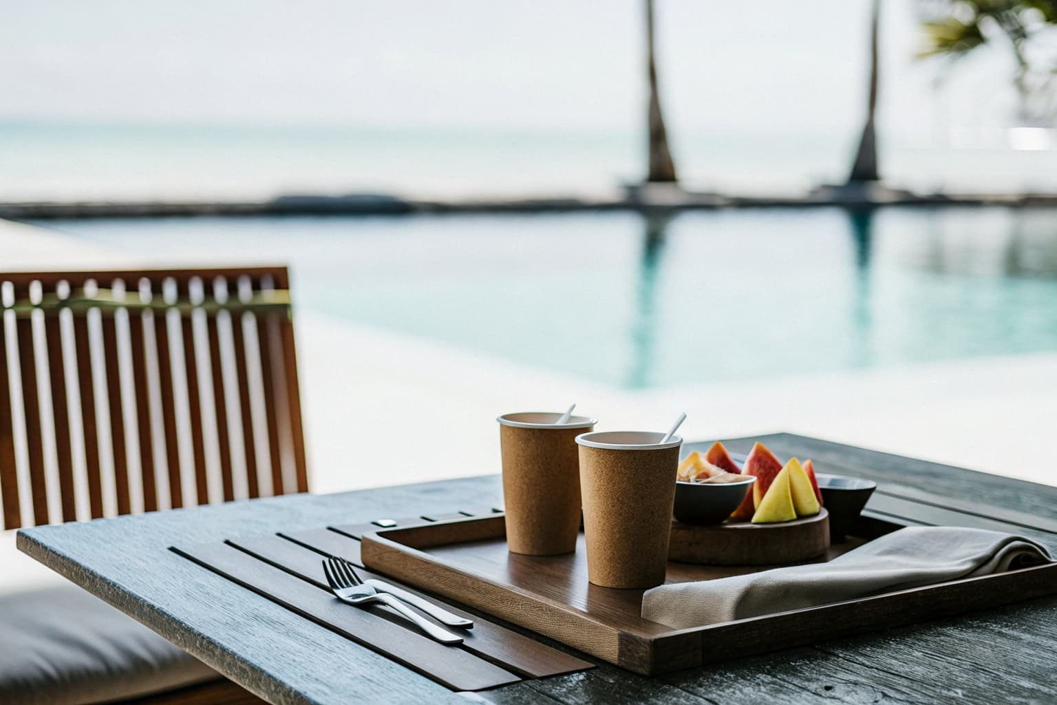 A hotel poolside table set with biodegradable PHA cups and cutlery beside a swimming pool and ocean view