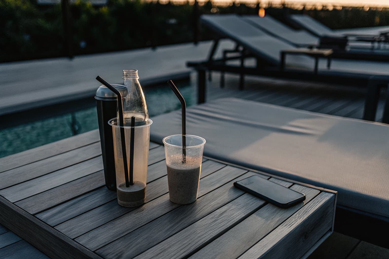Compostable PHA cups and a sugarcane water bottle on a hotel poolside table at sunset — sustainable hospitality packaging by Pure Form Solution