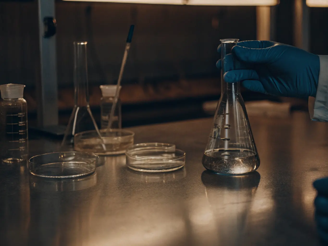Scientific research laboratory analyzing water samples for microplastic contamination