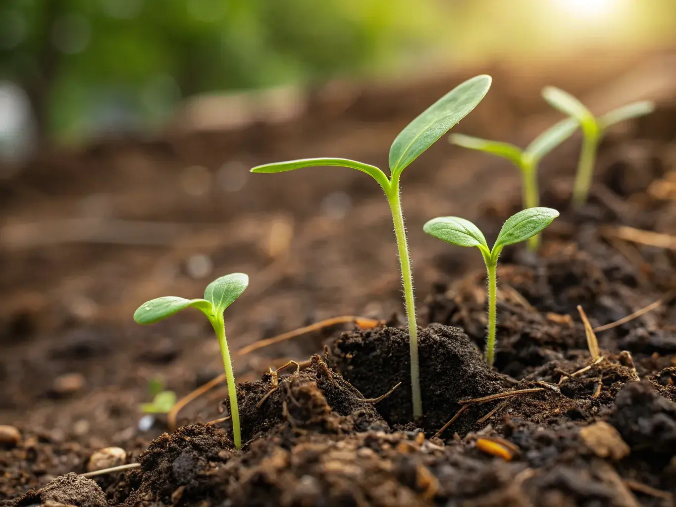 Green plant seedlings sprouting from rich dark compost soil in warm golden sunlight — illustrating PHA bioplastic complete biodegradation and return to nature