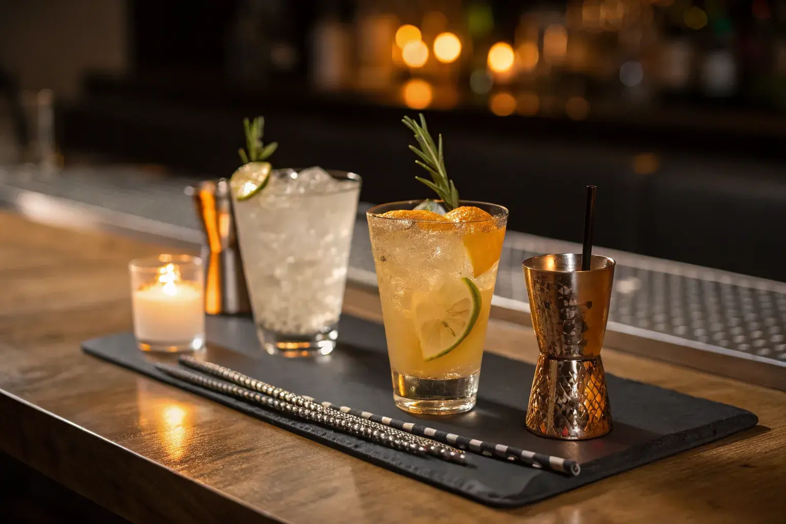 PHA biodegradable cocktail stirrers on a dark slate bar top alongside craft cocktail glasses with citrus garnishes — moody candlelit bar setting