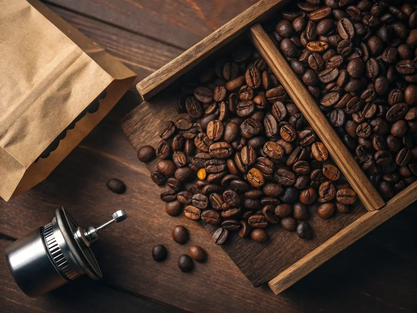 Freshly roasted dark coffee beans in a wooden tray alongside an eco-friendly kraft paper coffee bag with degassing valve — PHA packaging preserves full aroma and freshness without synthetic laminate layers