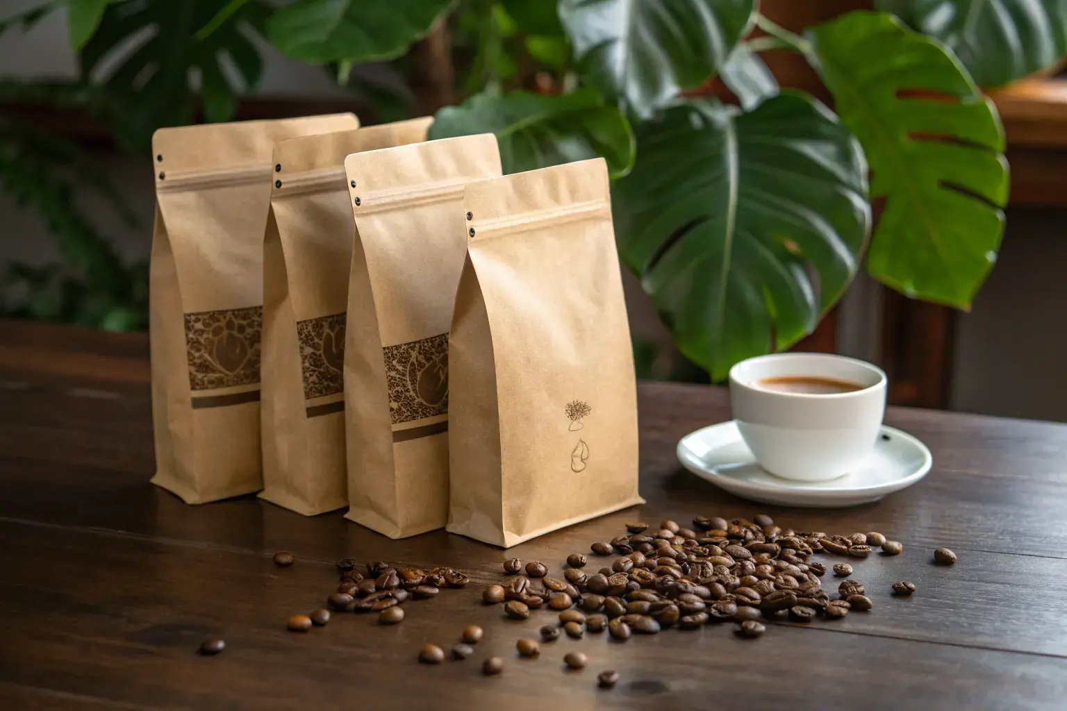 Biodegradable PHA coffee bags with zipper closures on a walnut table surrounded by roasted coffee beans and tropical monstera leaves — sustainable specialty coffee packaging