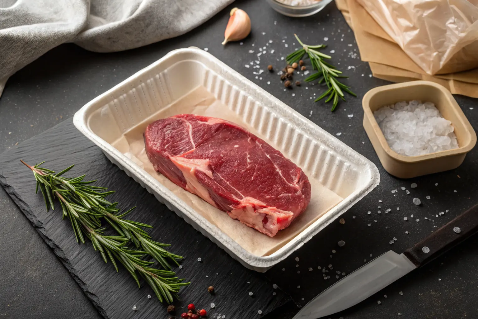 Biodegradable PHA meat packing tray holding a fresh cut of steak on a dark slate surface — sustainable meat packaging by Pure Form Solution
