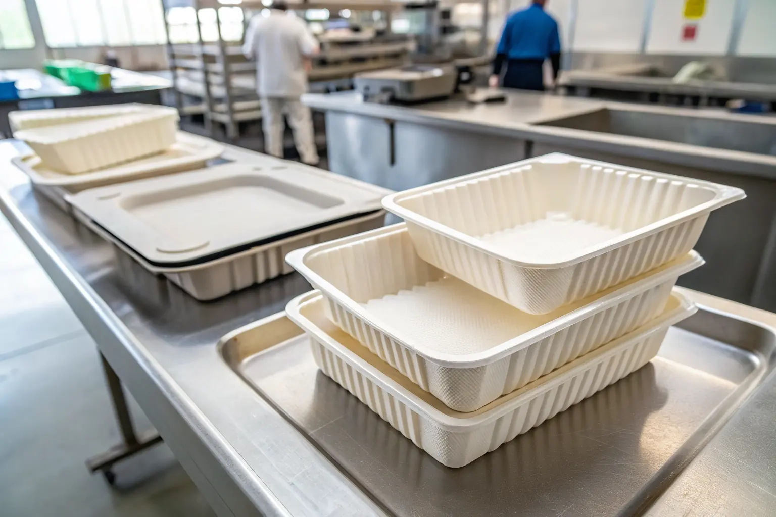 Stack of empty biodegradable PHA meat packing trays on a stainless steel table in a meat processing facility