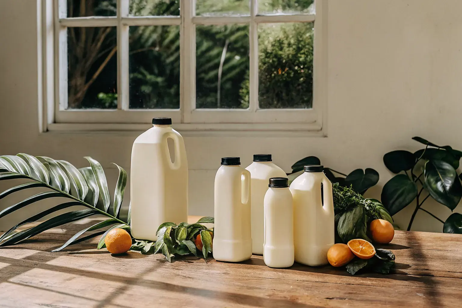 Biodegradable PHA milk and juice jugs on a rustic wooden table with citrus fruits and tropical leaves — sustainable dairy packaging by Pure Form Solution