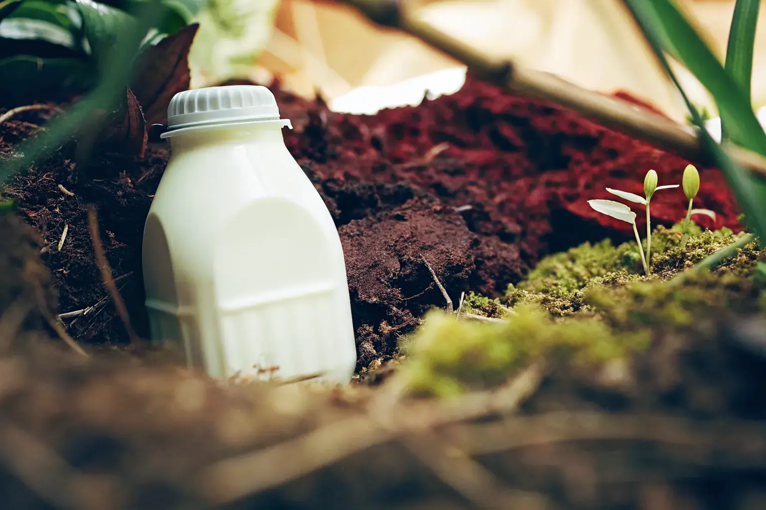 Biodegradable PHA milk jug resting in rich natural soil surrounded by green moss and sprouting plants — bioplastic returning to the earth with zero microplastics