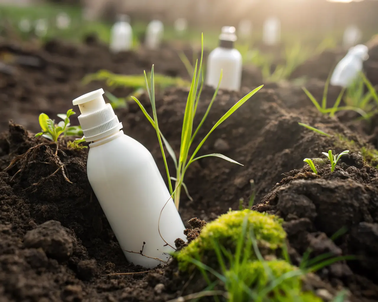 PHA biodegradable supplement packer bottle partially buried in soil with green grass sprouting around it — demonstrating complete soil biodegradability and zero microplastic end of life