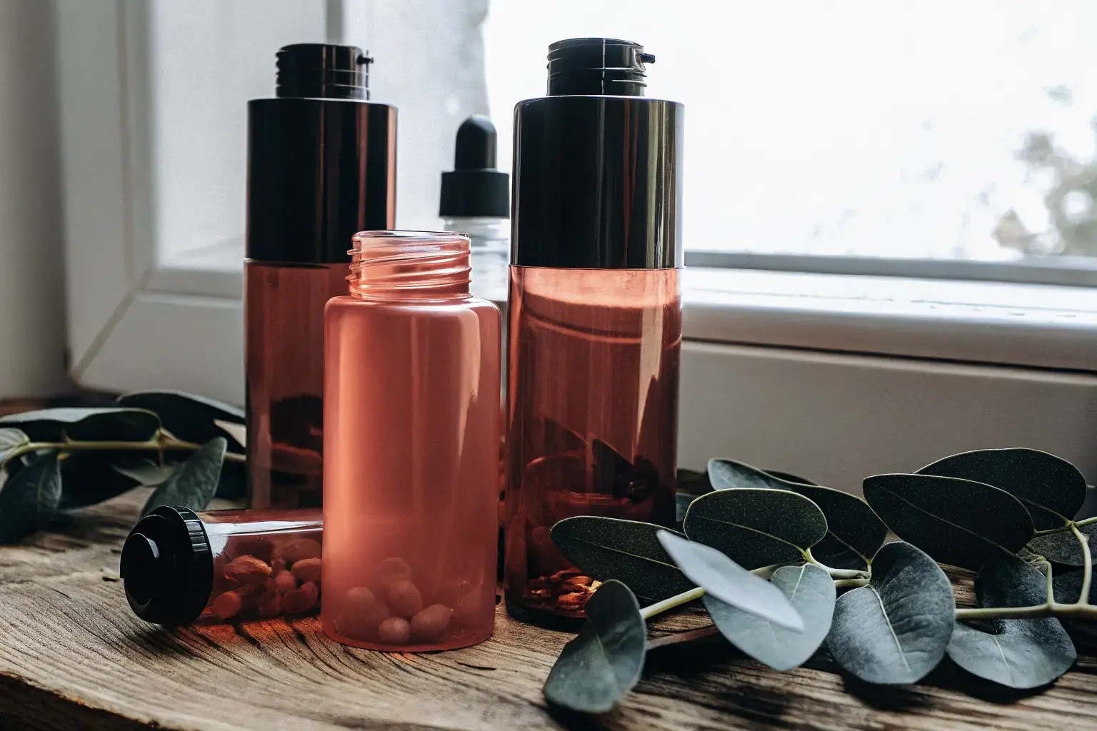 Amber PHA biodegradable pill bottles on a wooden surface surrounded by green eucalyptus leaves — sustainable pharmaceutical packaging