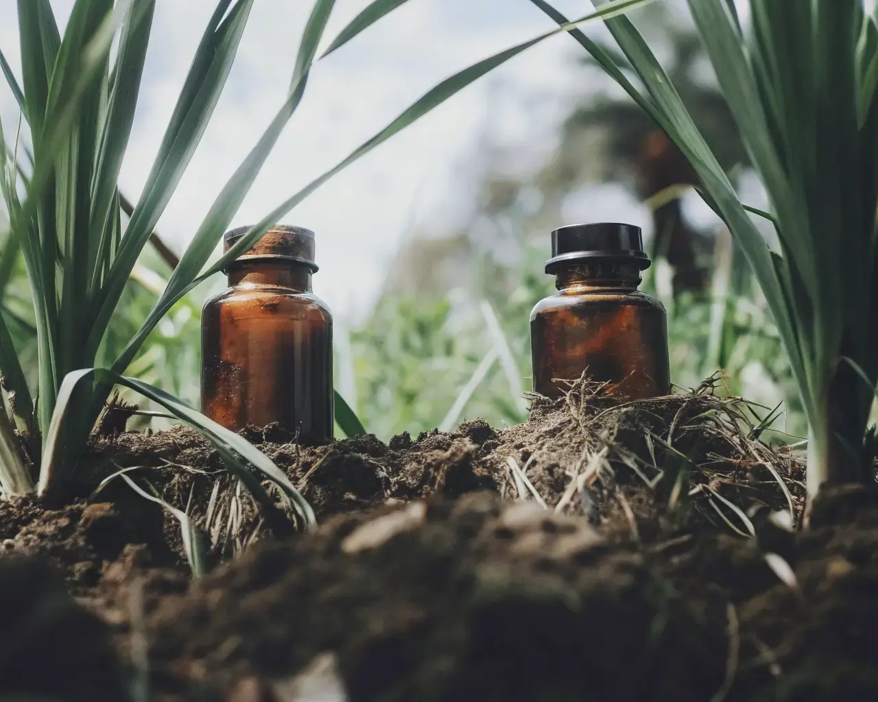 Amber PHA pill bottles resting in natural soil surrounded by green plant growth — biodegradable pharmaceutical packaging returning to nature