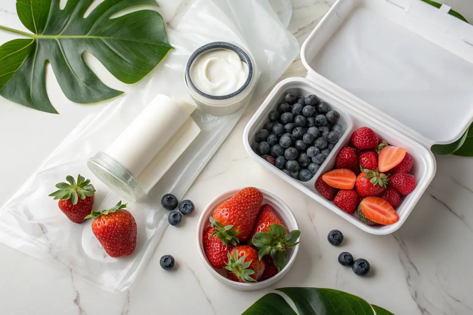 PHA biodegradable rigid and flexible containers — yogurt tubs, cosmetic jars, food wrap, and produce clamshells on a marble surface with monstera leaves