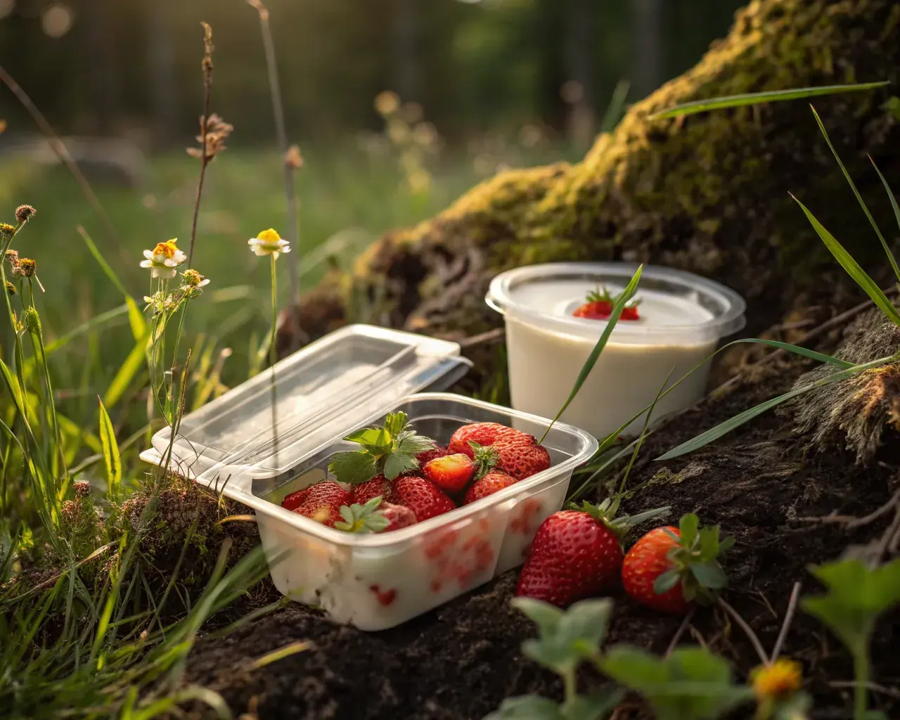 Biodegradable PHA produce clamshell and yogurt container resting in forest soil surrounded by grass, moss, and wildflowers — returning to nature