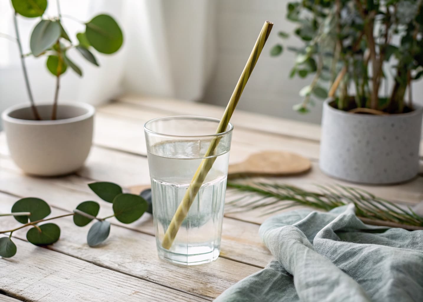 Glass of clean water with a biodegradable straw on a wooden table with eucalyptus leaves