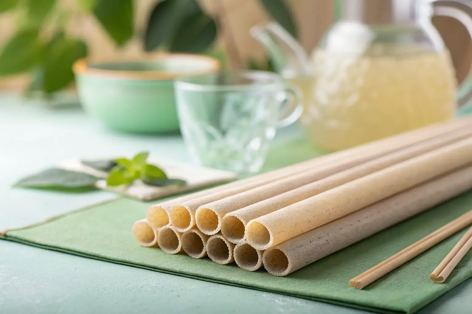 PHA biodegradable straws resting on tropical leaves — protecting children and the environment from plastic pollution