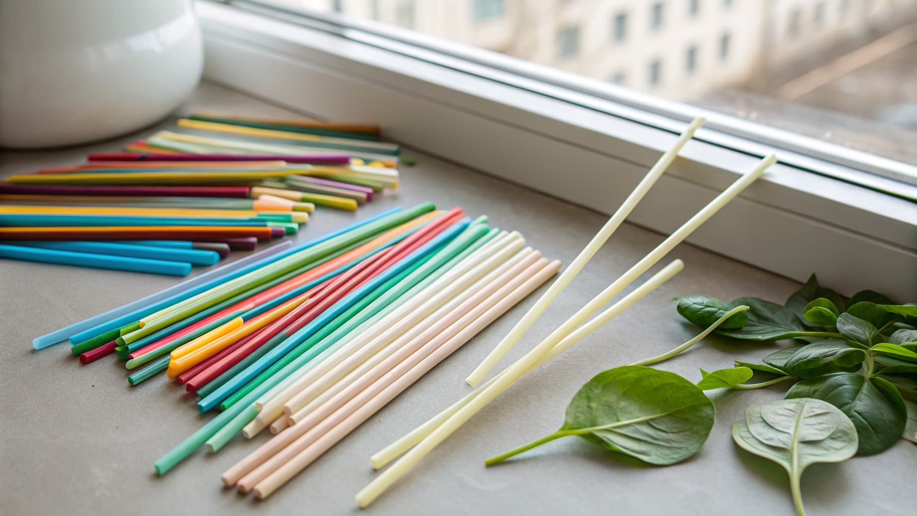 Discarded plastic drinking straws transitioning to clean biodegradable PHA straws resting on green leaves