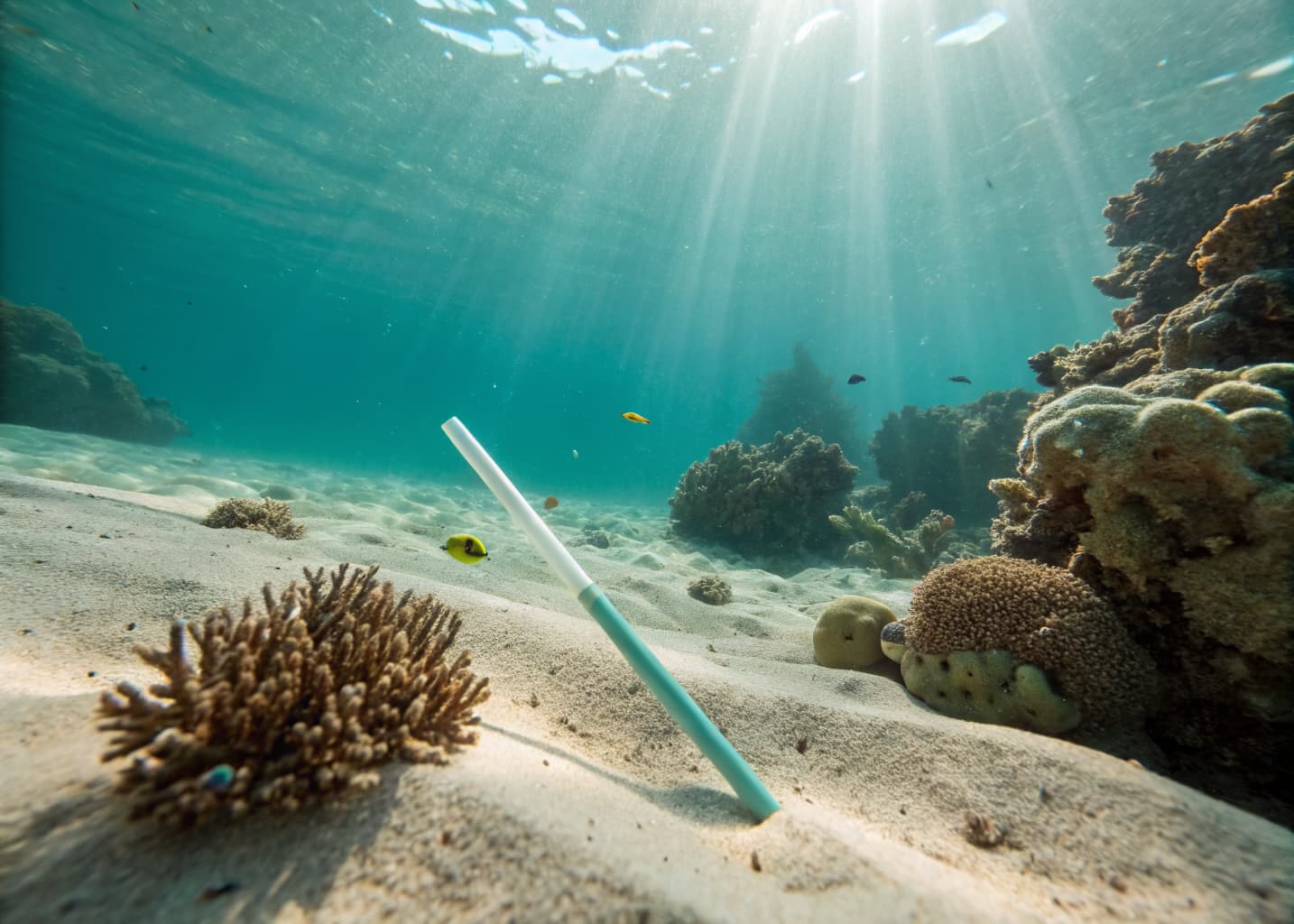A single biodegradable PHA straw resting on the ocean floor near coral, fully biodegrading instead of fragmenting into microplastics