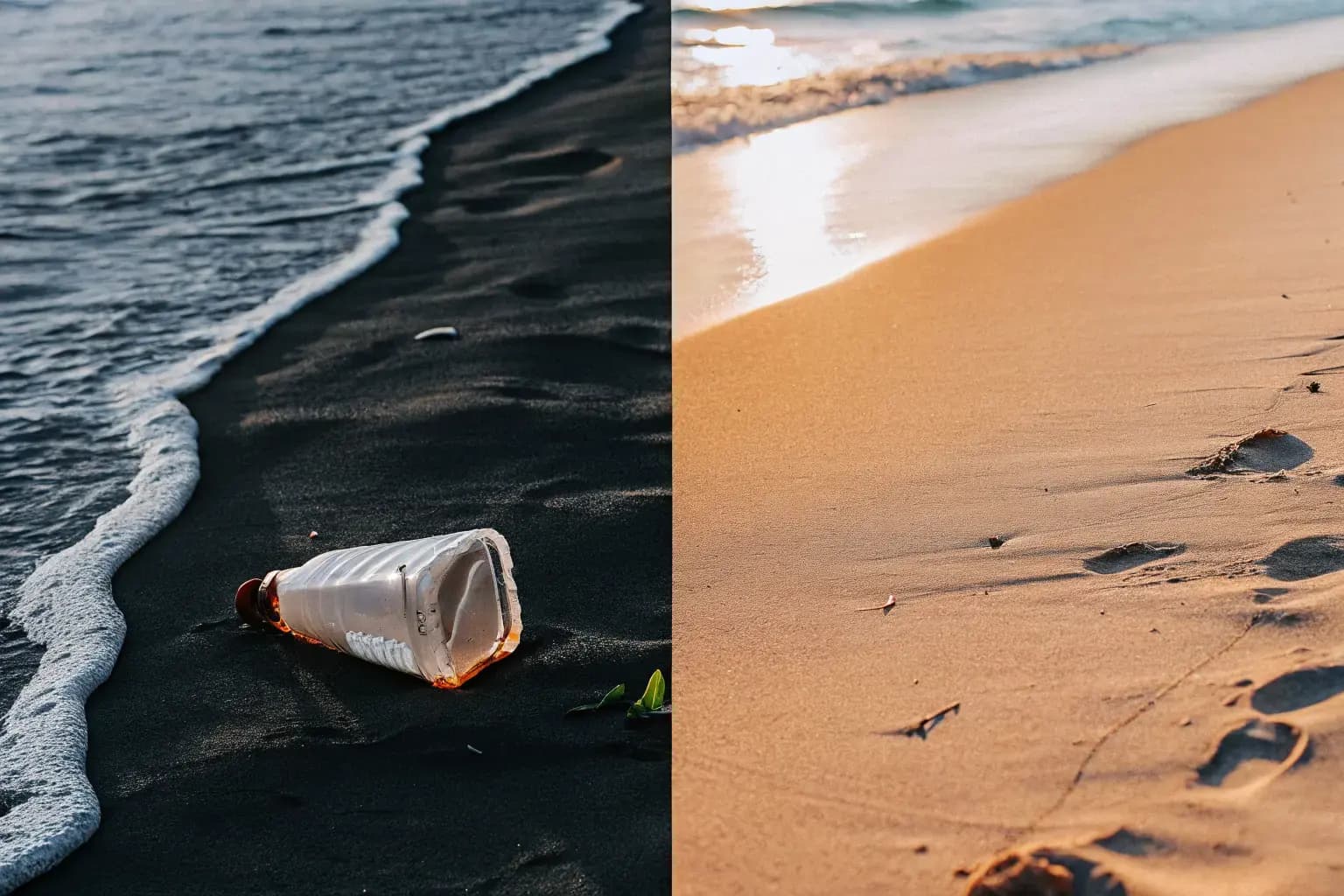 Split image: polluted black sand beach with plastic debris on the left, pristine golden sand beach with clean water on the right — the choice between plastic and PHA