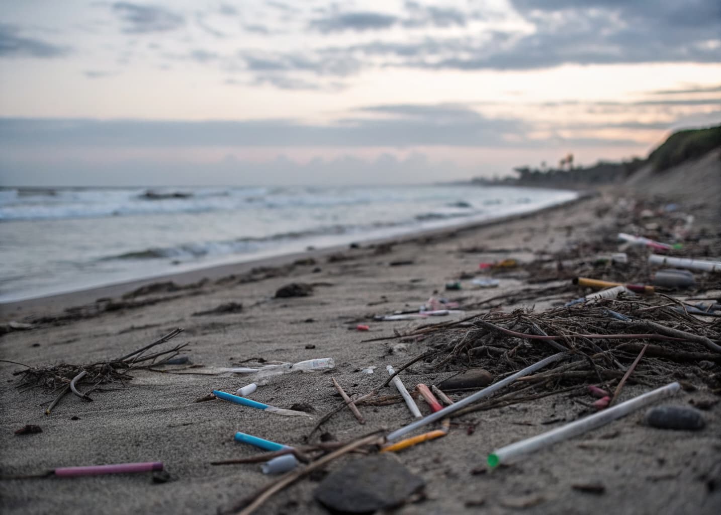 Hundreds of discarded plastic drinking straws scattered across a polluted beach at dusk